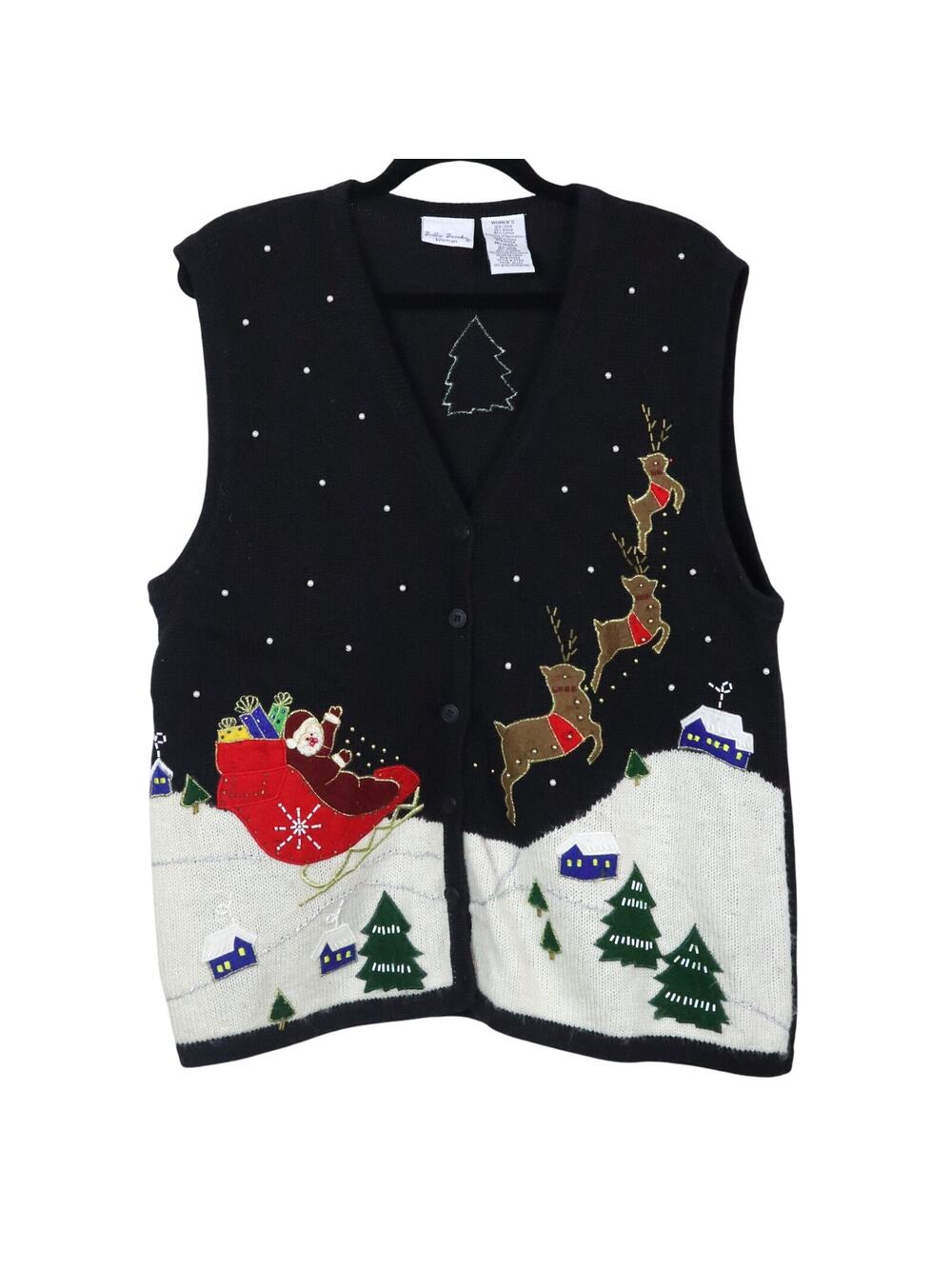 Vintage Y2K Christmas Vest Button Down Embroidered Santa Reindeer Sleigh 18W/20W
